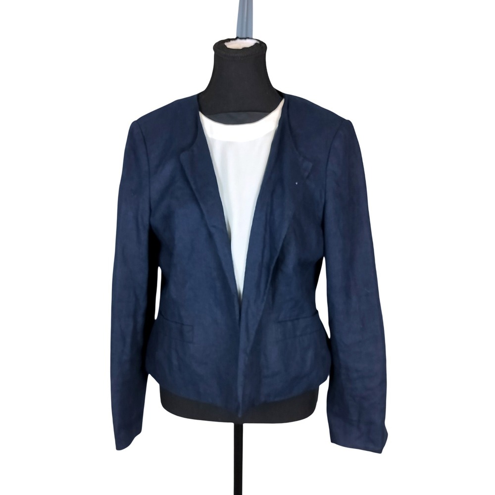 Talbots Irish Linen Collarless Blazer Womens Petite Navy Blue Open Front Jacket